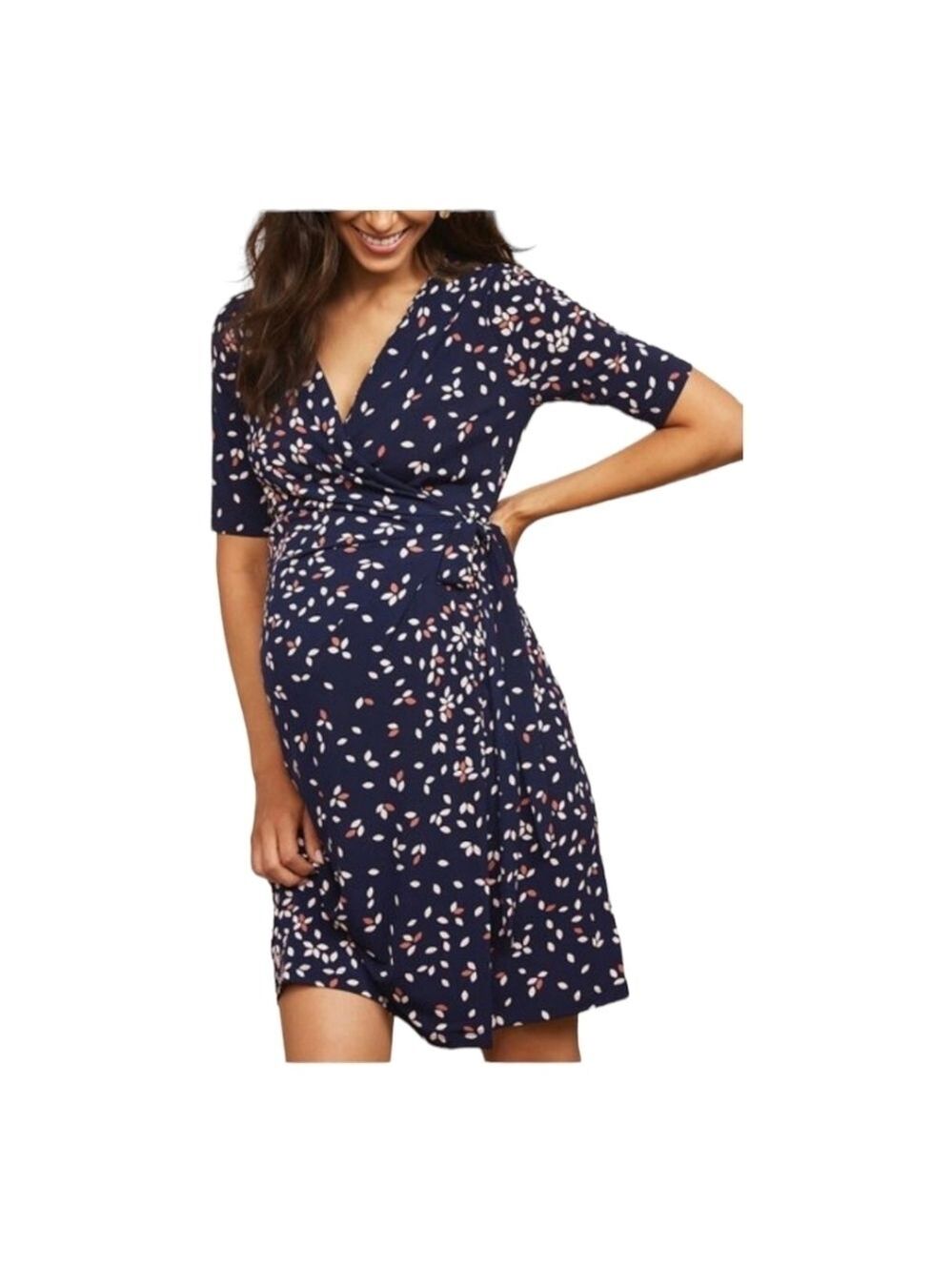 Motherhood Maternity Navy Floral Print Stretchy Wrap Dress Size Large EUC
